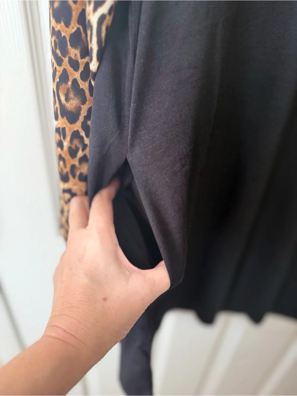 Black Midi Dress with Leopard Print Sleeves - Women